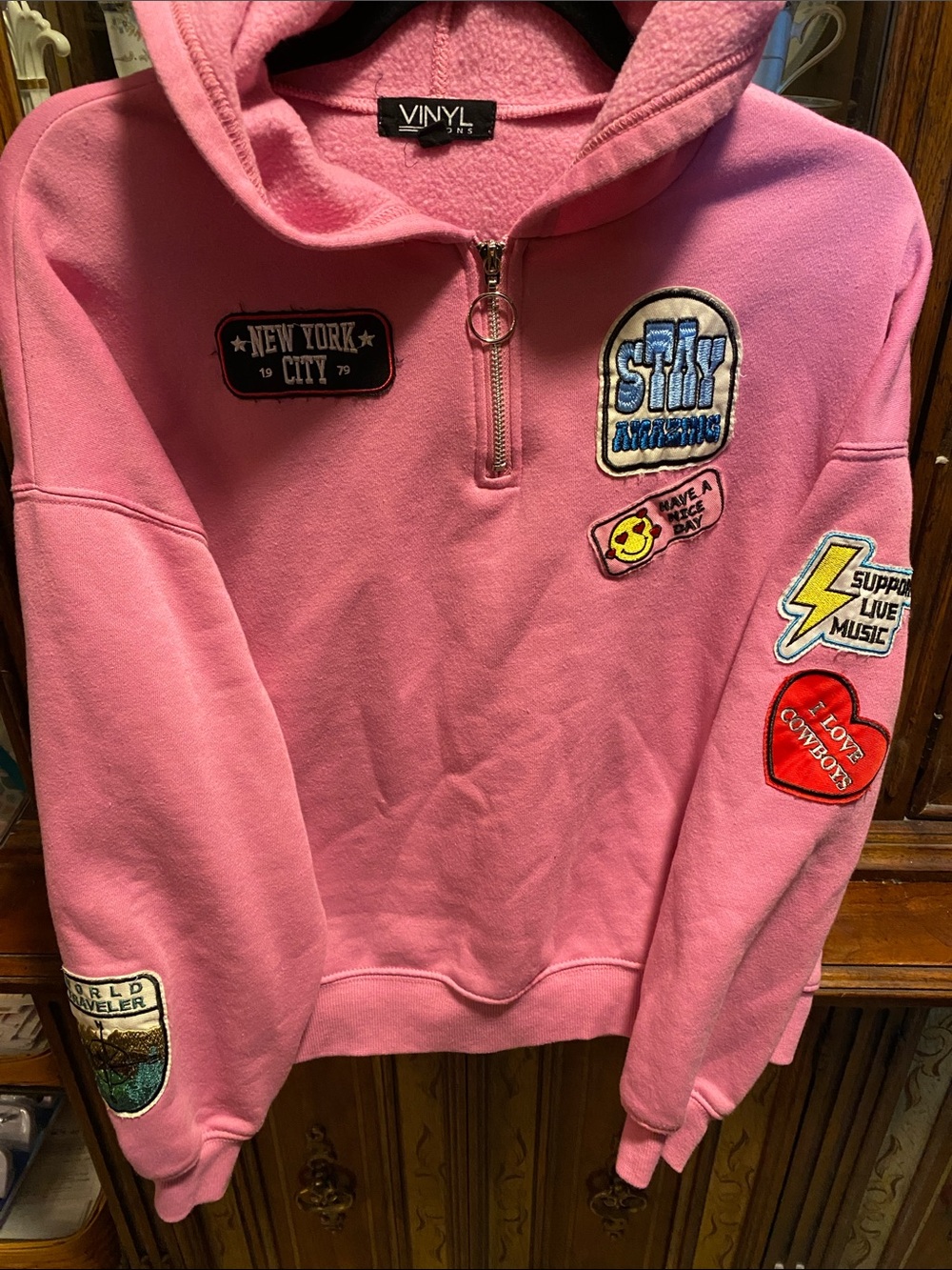 Vinyl Zone Pink Patchwork Quarter-Zip Hoodie
